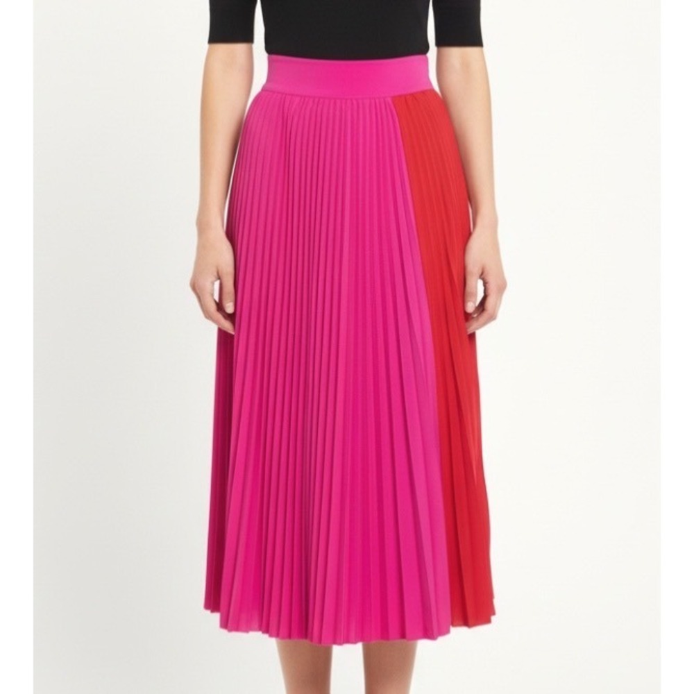 CROSBY Mollie Burch PINK & RED COLORBLOCK Pleated Midi Skirt Flowy/Full SIZE S